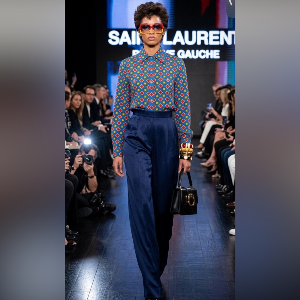 F/W 1985 Saint Laurent  Women Jupe Blouse Size 36 VTG 80s Colorful Blue Geo